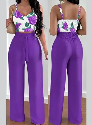 Women's Solid Color Slim Elastic Pleated Two-Piece Suit Sexy Spaghetti Strap V-neck Backless Vest High Waist Wide Leg Pants Suit - Purple