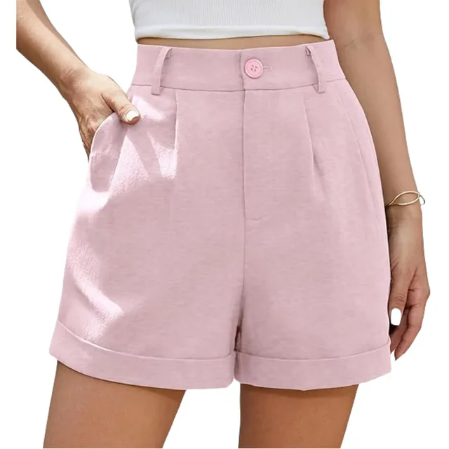 Women's Pleated Zipper Hemming Casual High Waist Shorts Pink - Shop at LoveMi