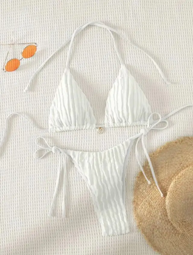 Striped Straps Sexy Bikini For Beach Vacation White - Shop at LoveMi