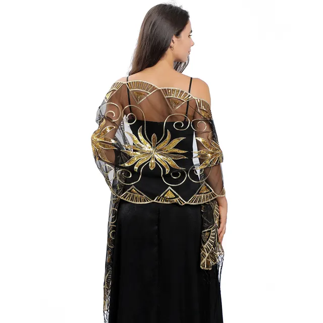 Long Sequined Embroidered Feather Shawl Black Gold - Shop at LoveMi