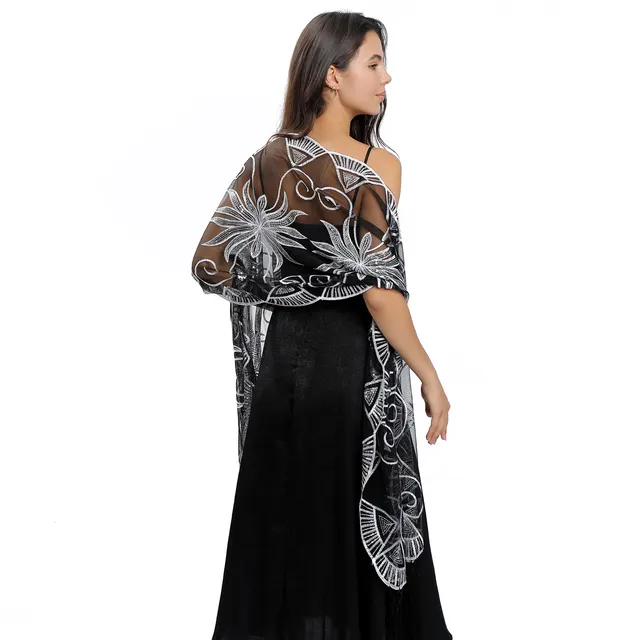 Long Sequined Embroidered Feather Shawl Black Silver - Shop at LoveMi