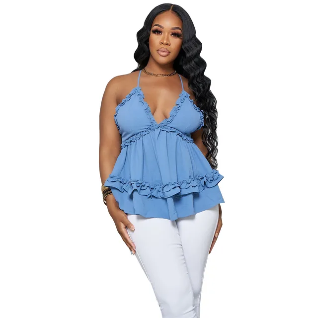 Casual Sexy Solid Color And V neck Sling Top Blue - Shop at LoveMi