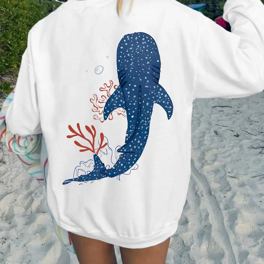 Cozy Whale Graphic Crew Neck Sweatshirt - White