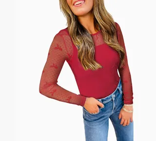 Autumn New Bow Print Long-sleeved T-shirt For Women - Red