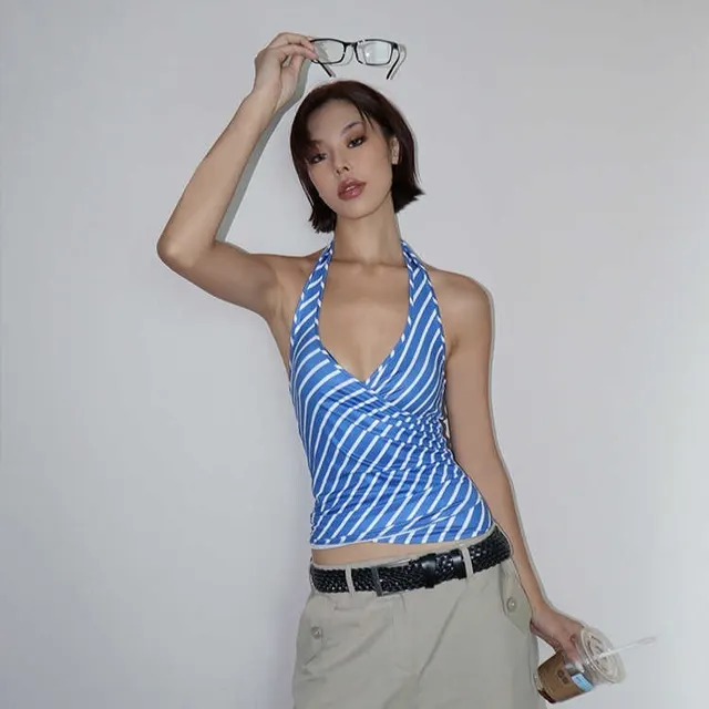 Vacation Blue Striped Deep V neck Halter Slim Vest Top For Women Blue Stripes - Shop at LoveMi