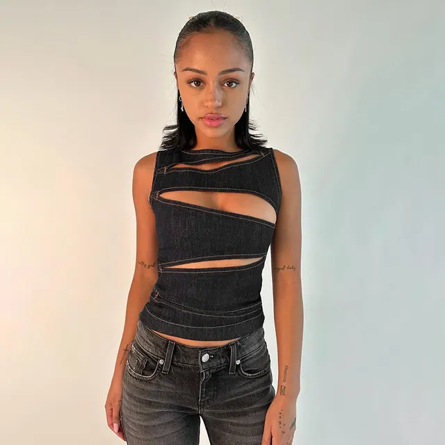 New Sexy Hollow out Faux Denim Vest Top For Women Black - Shop at LoveMi