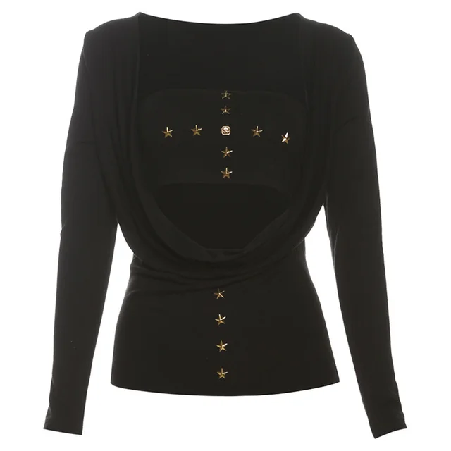 Women's Chest wrapped Vest Fashion Long Sleeve Two piece Blouse Black - Shop at LoveMi