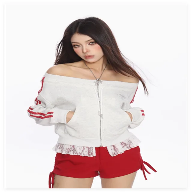 Women's Contrasting Color Design Short One Shoulder Sweatshirt Flower Grey - Shop at LoveMi