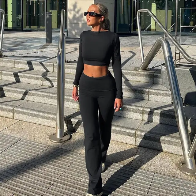 Women's Casual Long Sleeve Top And Trousers Suit Black - Shop at LoveMi