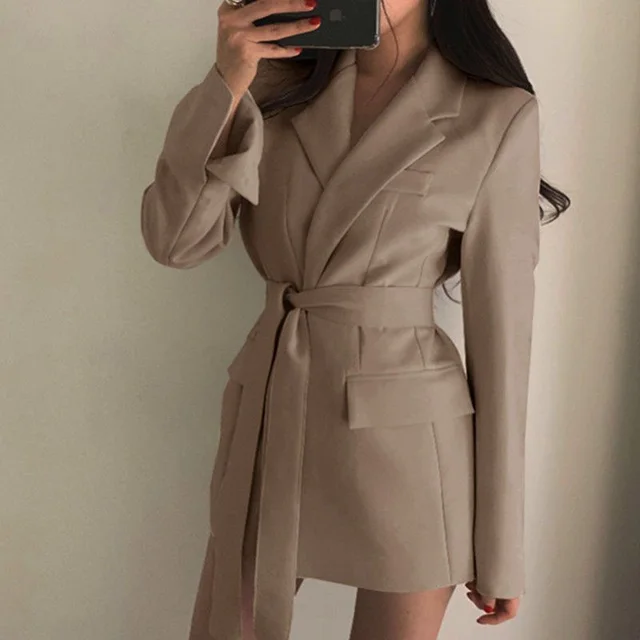 Waist controlled Lace up Graceful Suit Jacket Women Khaki - Shop at LoveMi