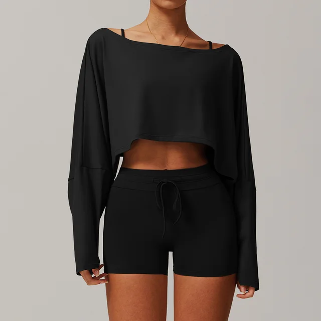 Tight Brushed Yoga Suit Off shoulder Short Casual All matching Black - Shop at LoveMi