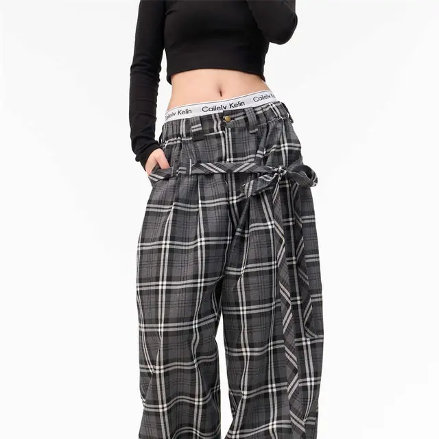 American style Retro Plaid Ribbon Elastic Waist Wide leg Pants Gray Plaid - Shop at LoveMi