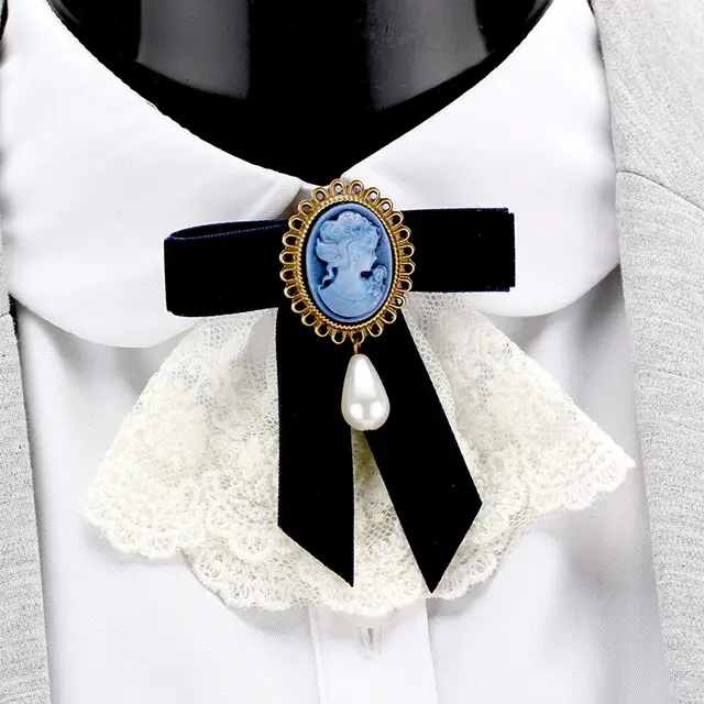 Vintage Handmade Lace Pearl Velvet Sweater Pin Coat Bow Brooch Blue - Shop at LoveMi