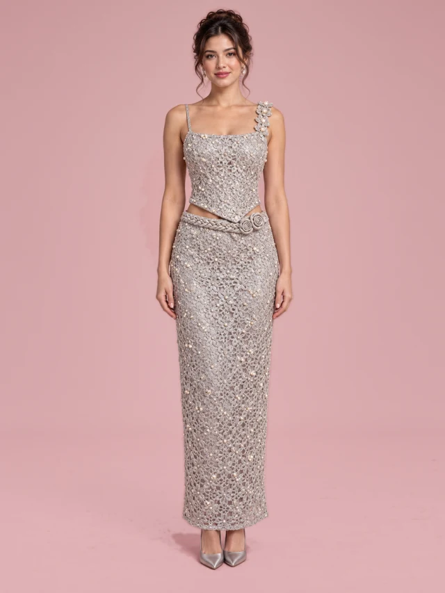 Sexy Solid Color Crop top Spaghetti strap Beading Top Beige Skirt - Shop at LoveMi