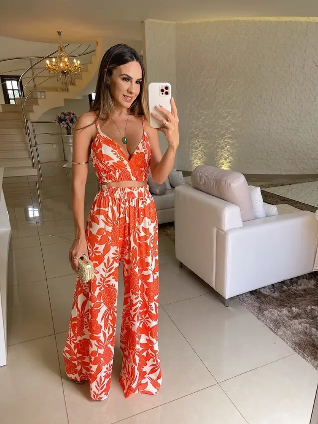 Camisole Holiday Floral Print Vest Elastic waist Straight leg Pants Suit Chest Pad Orange - Shop at LoveMi