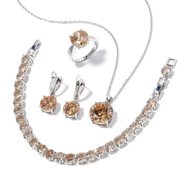 Geometric Round Earrings Ring Bracelet Necklace Ornament Suit Champagne - Shop at LoveMi