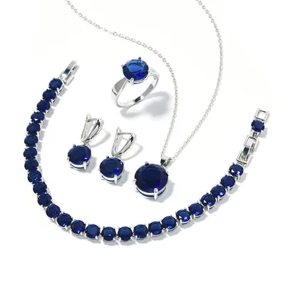 Geometric Round Earrings Ring Bracelet Necklace Ornament Suit Sapphire Blue - Shop at LoveMi