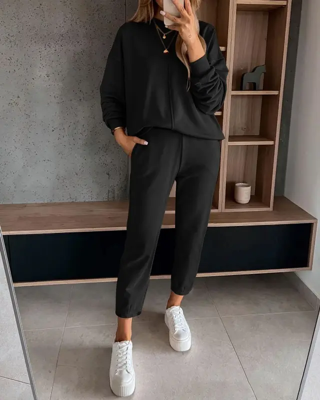 Loose Casual High Waist Ankle tied Track Sweatpants Hoodie Coat Women Black - Shop at LoveMi