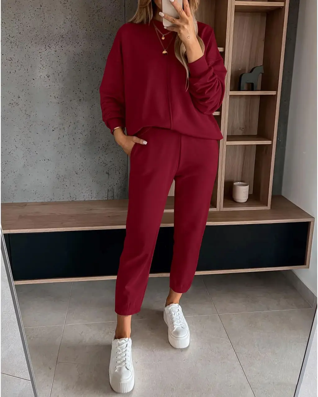 Loose Casual High Waist Ankle-tied Track Sweatpants Hoodie Coat Women - Wine Red