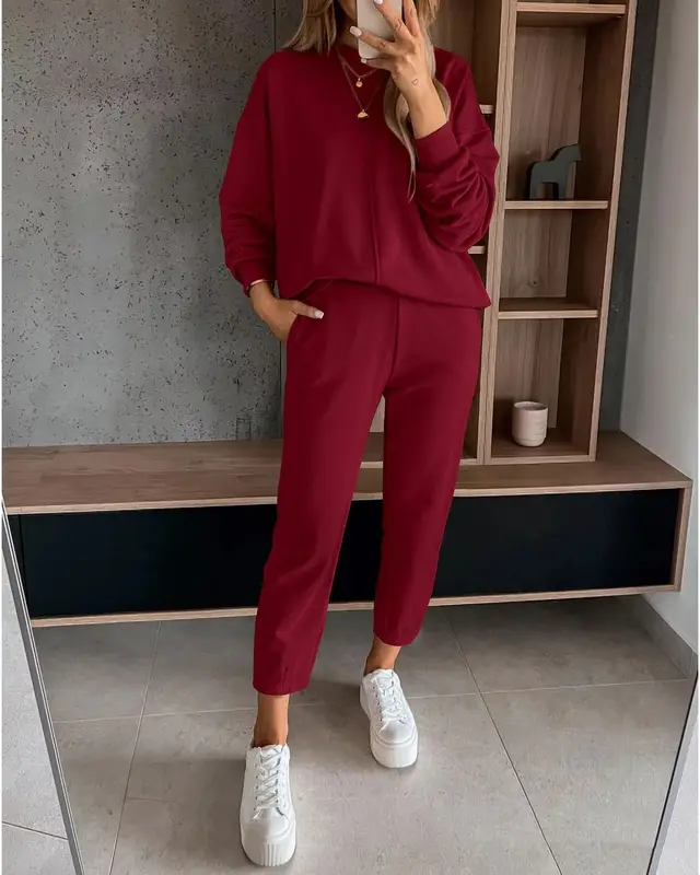 Loose Casual High Waist Ankle tied Track Sweatpants Hoodie Coat Women Wine Red - Shop at LoveMi