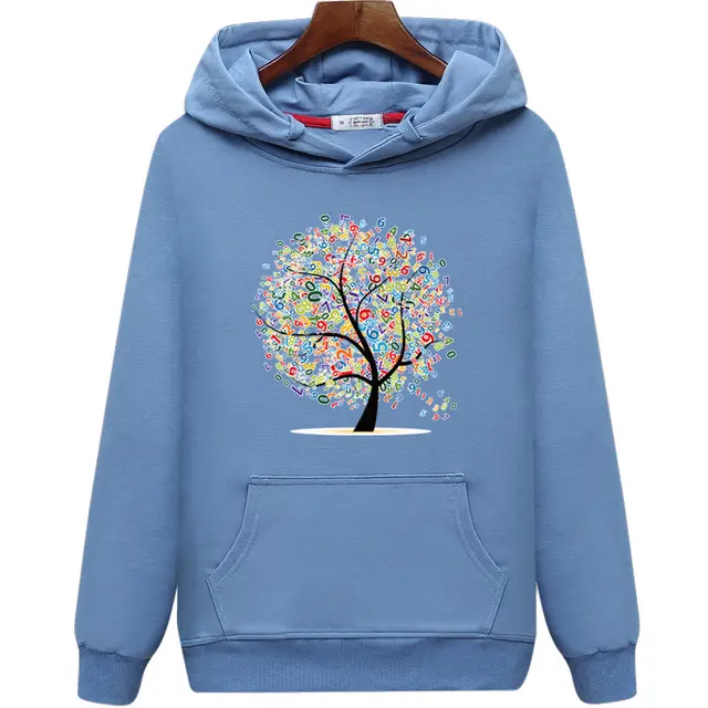 Women's Hooded Pullover Printed Fashionable Casual Loose Hoodie Blue And Gray - Shop at LoveMi