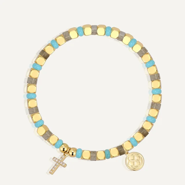 Retro Fashion Cross Versatile Bracelet Gold Cross Turquoise Beaded - Shop at LoveMi