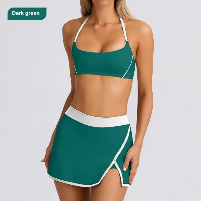 Yoga Underwear Sports And Fitness Running Outdoor Bra And Skirt Suit Dark Green - Shop at LoveMi