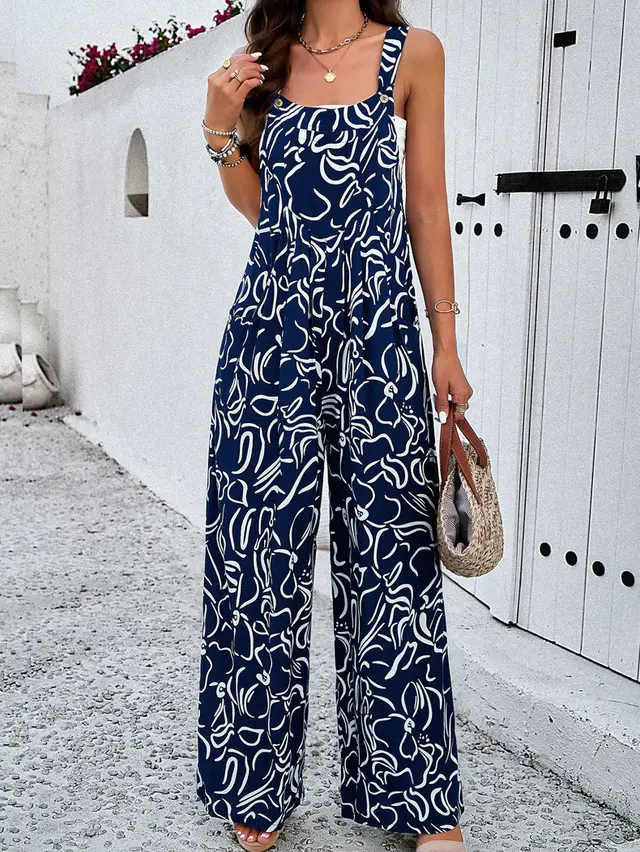 Women's Loose All match Casual Printed Jumpsuit Navy Blue Printing - Shop at LoveMi
