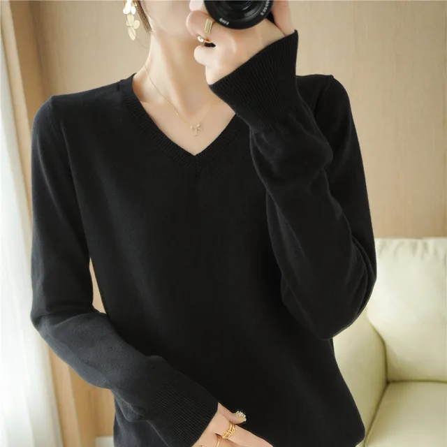 Women's Cotton Pullover Small V neck Basic Style Sweater Loose Black - Shop at LoveMi