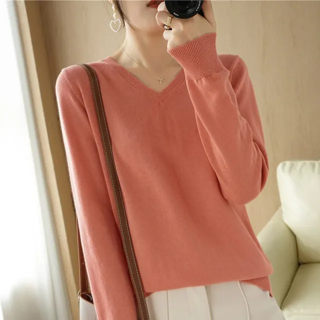 Women's Cotton Pullover Small V neck Basic Style Sweater Loose Pink Color - Shop at LoveMi