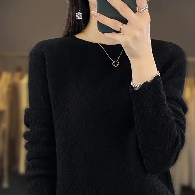Heavy Industry Round Neck Sweater Hollow Out Loose Pullover Women Black - Shop at LoveMi