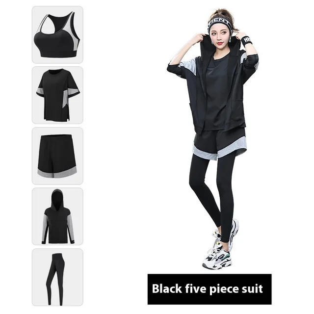 Breathable Sweat Absorbing Loose Sports Yoga Plus Size Workout Clothes Suit Black 5Pcs Set - Shop at LoveMi