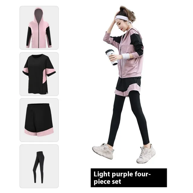 Breathable Sweat Absorbing Loose Sports Yoga Plus Size Workout Clothes Suit Light Purple 4Pcs Set - Shop at LoveMi
