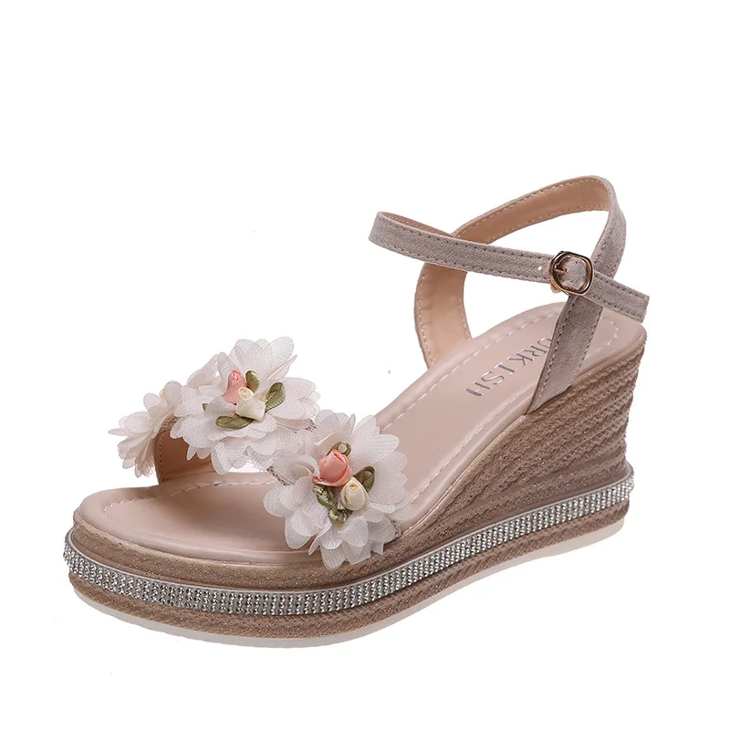 Muffin Wedge Beaded Flower Buckle Sandals Beige - Shop at LoveMi