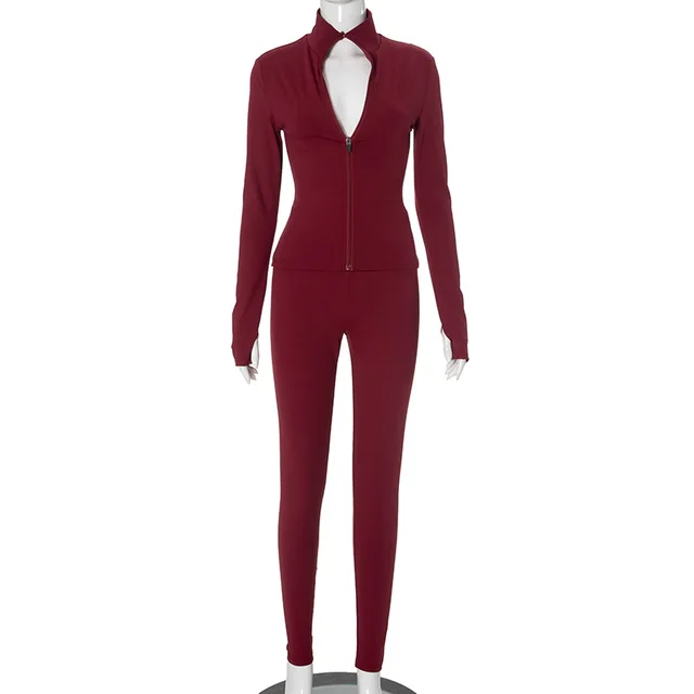 Zipper Coat High Waist Slim Trousers Suit Red - Shop at LoveMi