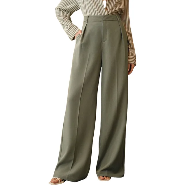 Women's Casual Loose Straight Business Commute Wide Leg Pants Army Green - Shop at LoveMi