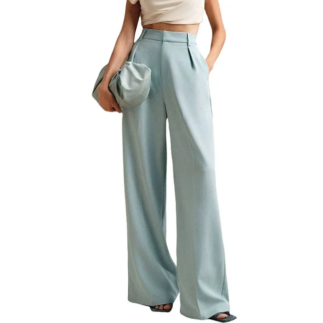 Women's Casual Loose Straight Business Commute Wide Leg Pants Sky Blue - Shop at LoveMi