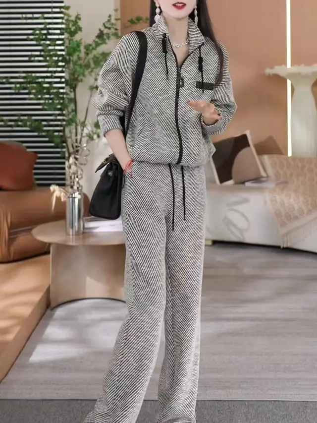 Fashion Casual Sportswear Sweater Wide Leg Pants Two piece Suit For Women Black And White Stripes - Shop at LoveMi