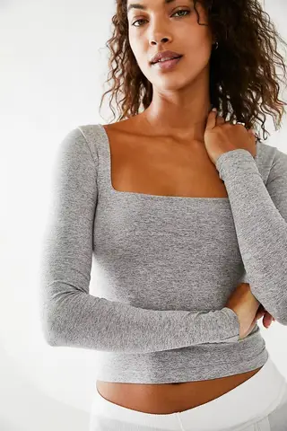 Women's Clothes Long Sleeve T-shirt Solid Color Bare Midriff Short Square Collar Top - Gray