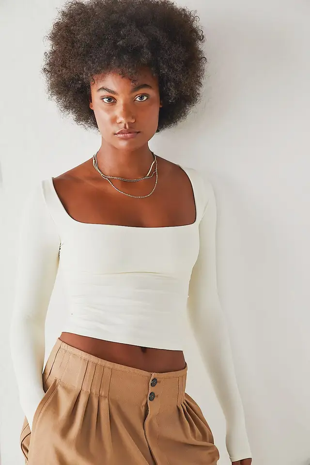 Women's Clothes Long Sleeve T shirt Solid Color Bare Midriff Short Square Collar Top Milky White - Shop at LoveMi