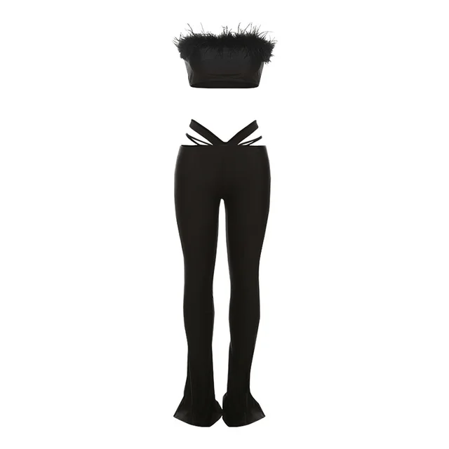 Autumn Personality Frayed Stitching Tube Top Sexy Tights Suit Black - Shop at LoveMi
