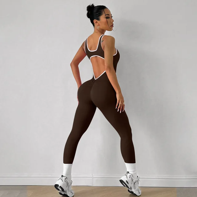 Sports Yoga Jumpsuit Sleeveless Quick drying Threaded Tight Brown - Shop at LoveMi