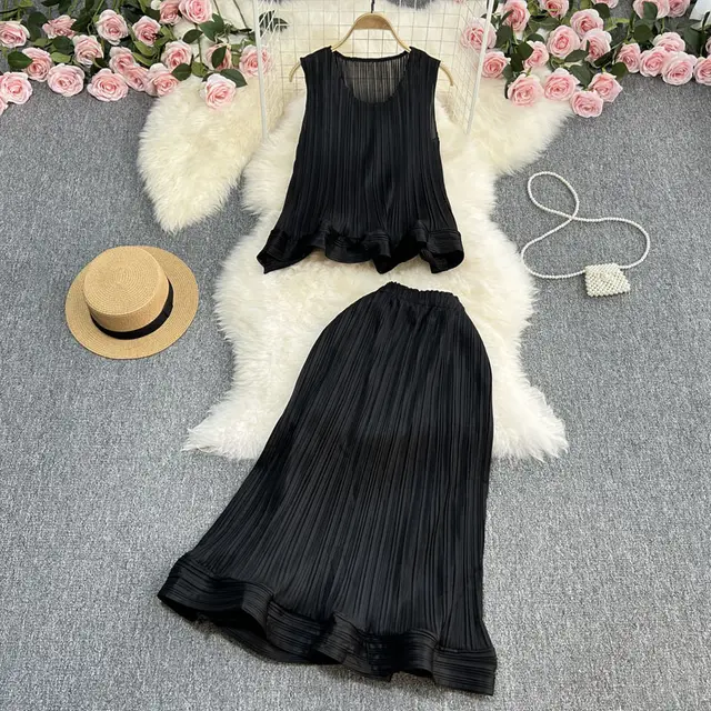 Casual Elegance Sleeveless Ruffled Loose Top And Skirt Two piece Set Black - Shop at LoveMi