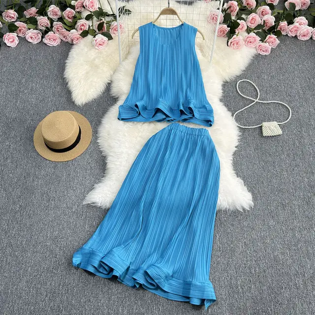 Casual Elegance Sleeveless Ruffled Loose Top And Skirt Two piece Set Blue - Shop at LoveMi