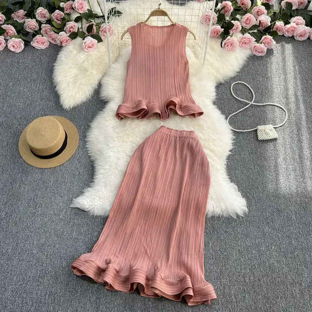 Casual Elegance Sleeveless Ruffled Loose Top And Skirt Two piece Set Pink - Shop at LoveMi