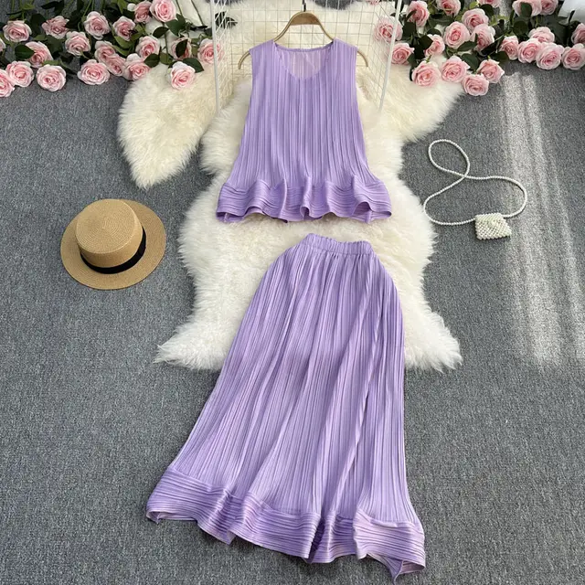 Casual Elegance Sleeveless Ruffled Loose Top And Skirt Two piece Set Purple - Shop at LoveMi