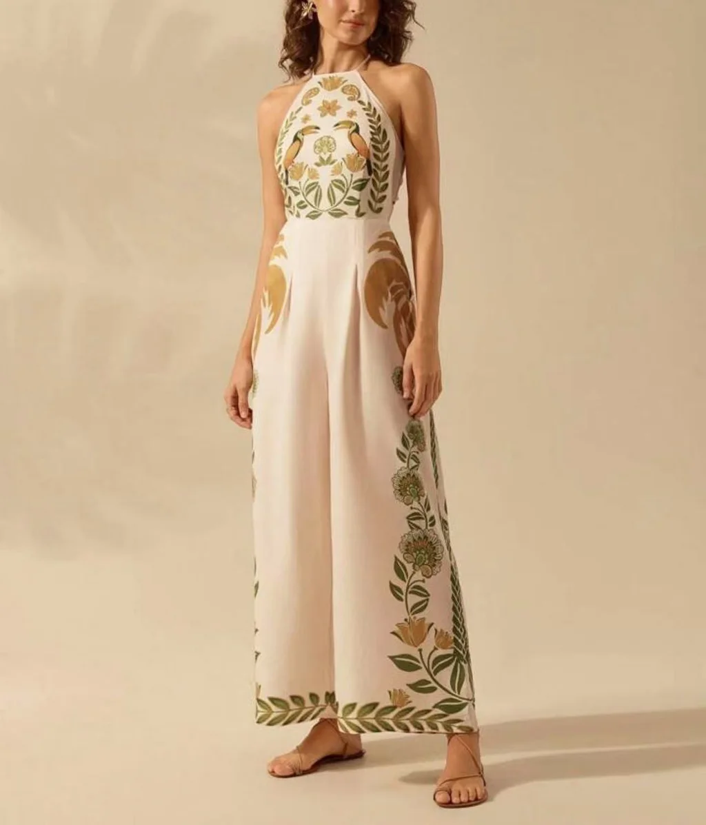 Women's Fashion Printed Sleeveless Halter Wide Leg Jumpsuit - Picture 1