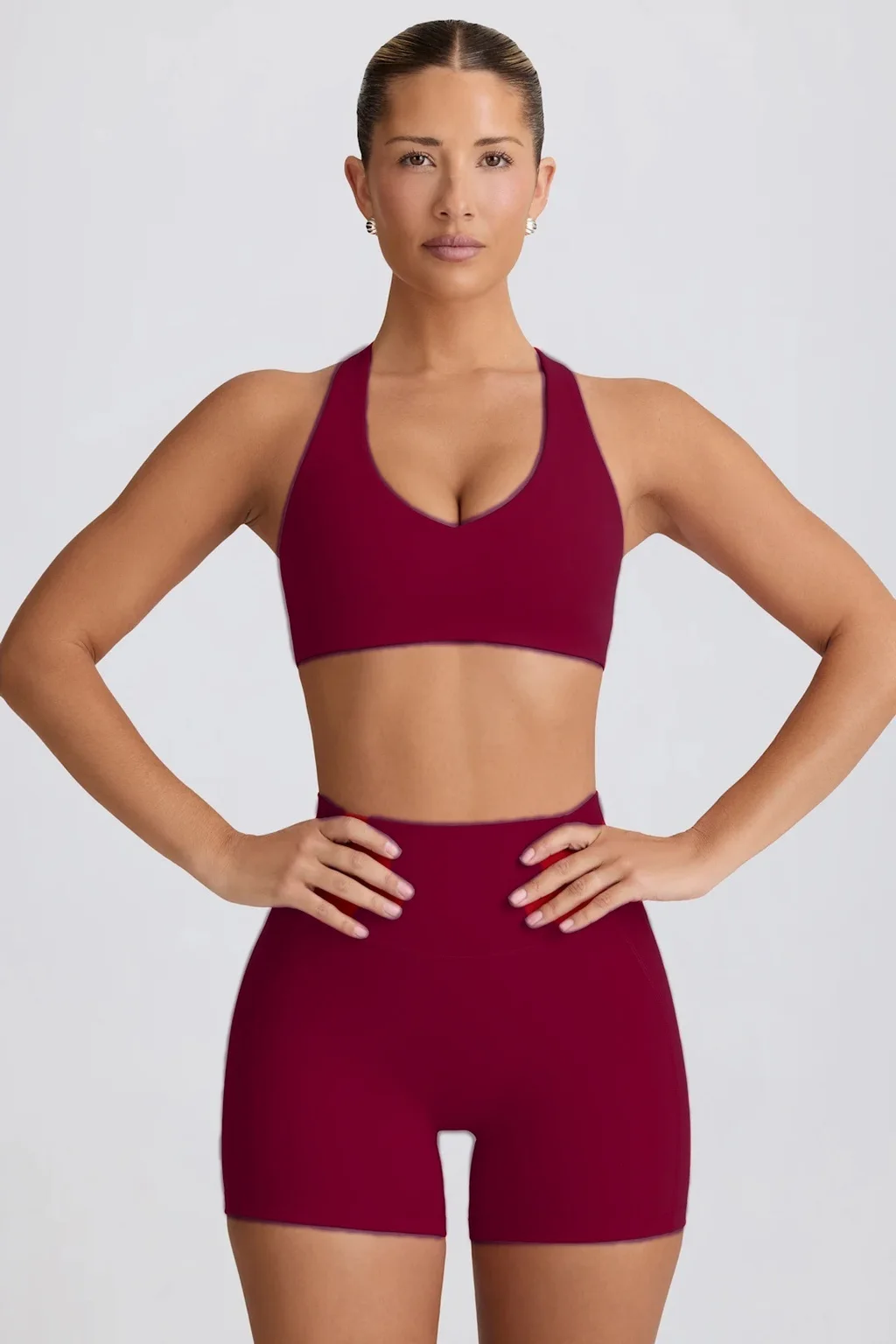 Yoga Suit Peach Hip Nude Feel High Waist Shorts Sports Top Two-piece Set - Wine Red Shorts Suit