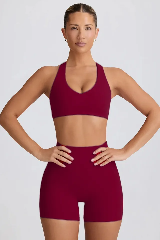Yoga Suit Peach Hip Nude Feel High Waist Shorts Sports Top Two piece Set Wine Red Shorts Suit - Shop at LoveMi