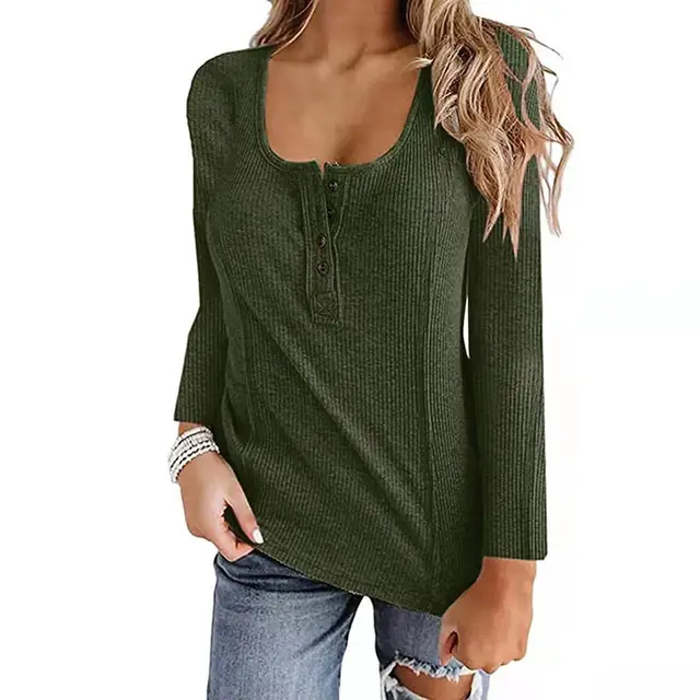 Button Solid Color Long sleeved Top Female Army Green - Shop at LoveMi